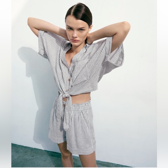 NWOT Zara Linen Stripped Knotted Top - Picture 2 of 11